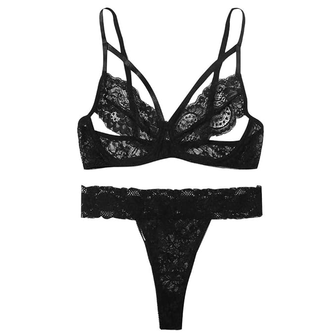 BLACK LACE THONG LINGERIE SET