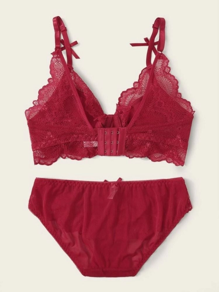 RED FLORAL LACE UNDERWIRED LINGERIE SET