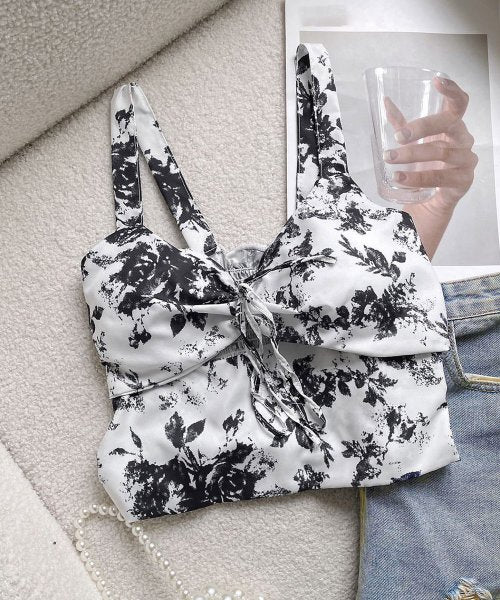 TIE-FRONT PRINTED BUSTIER TOP WITH PAD